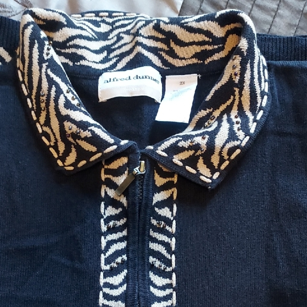 Alfred Dunner Embelished Animal Patterned Black and Tan Zip Front Sweater